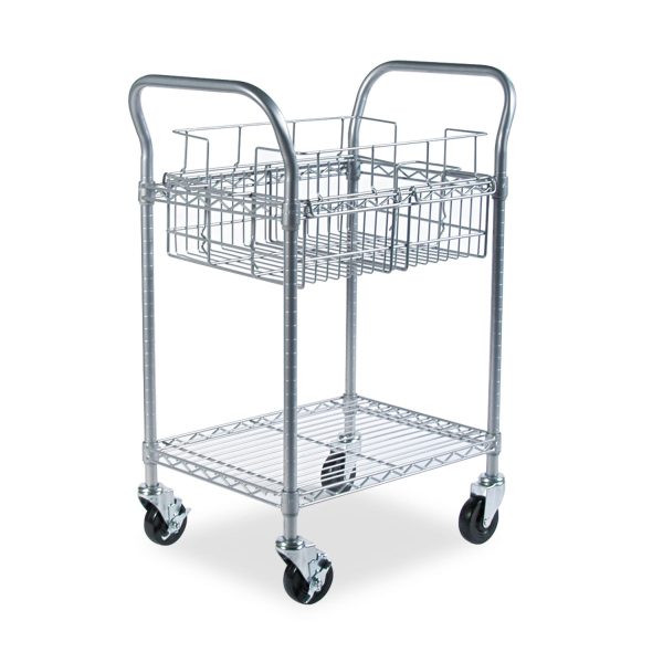 Dual-Purpose Wire Mail and Filing Cart, Metal, 1 Shelf, 1 Bin, 26.75  x 18.75  x 38.5 , Metallic Gray For Sale - Image 2