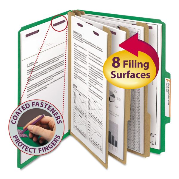 Eight-Section Pressboard Top Tab Classification Folders, Eight SafeSHIELD Fasteners, 3 Dividers, Letter Size, Green, 10 Box For Discount