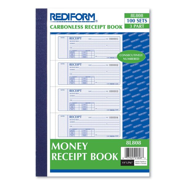 Money Receipt Book, Softcover, Three-Part Carbonless, 7 x 2.75, 4 Forms Sheet, 100 Forms Total For Discount - Image 2