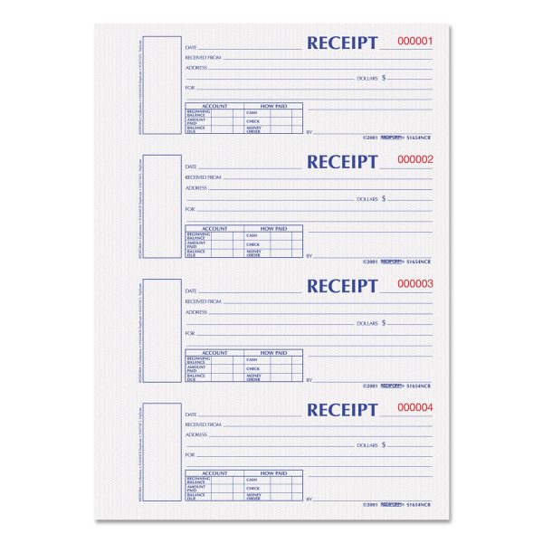 Durable Hardcover Numbered Money Receipt Book, Two-Part Carbonless, 6.88 x 2.75, 4 Forms Sheet, 300 Forms Total Online Sale